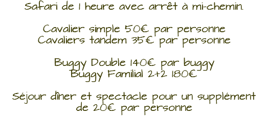 Safari de 1 heure avec arrêt à mi-chemin. Cavalier simple 50€ par personne Cavaliers tandem 35€ par personne Buggy Double 140€ par buggy Buggy Familial 2+2 180€ Séjour dîner et spectacle pour un supplément de 20€ par personne